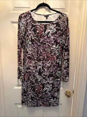 Floral Long-Sleeve Scoop Neck Dress in Purple